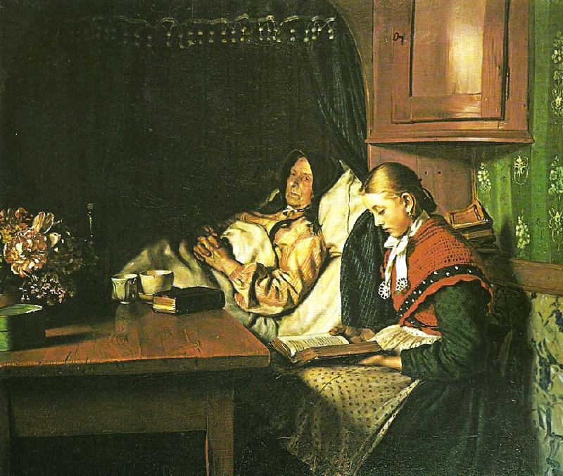 Michael Ancher ved en sygeseng, en ung pige lceser for den gamle kone i alkoven china oil painting image